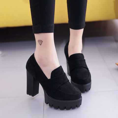 QSR 10CM Pumps Suede high heels thick round head waterproof platform black single shoes woman thick bottom was thin