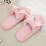 wetry Winter Fashion Women Home Slippers Faux Fur Warm Shoes Woman Slip on Flats Female Fur Flip Flops Pink Plus Size 36-41