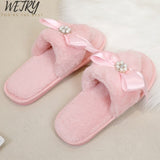 wetry Winter Fashion Women Home Slippers Faux Fur Warm Shoes Woman Slip on Flats Female Fur Flip Flops Pink Plus Size 36-41