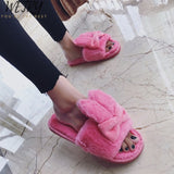 wetry Winter Fashion Women Home Slippers Faux Fur Warm Shoes Woman Slip on Flats Female Fur Flip Flops Pink Plus Size 36-41