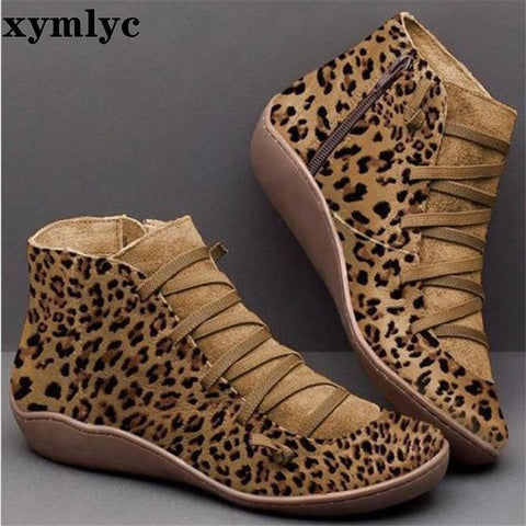 Ankle Boots Women PU Leather Women's Winter Cross Strap Vintage Plush Punk Warm Short Boots Flat Ladies Shoes Woman Botas Mujer